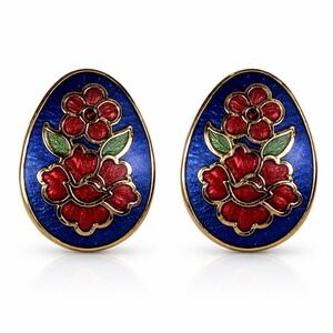 Vintage Cloisonne Enamel Floral Stud Earrings Blue Red Gold Tone Egg Shaped